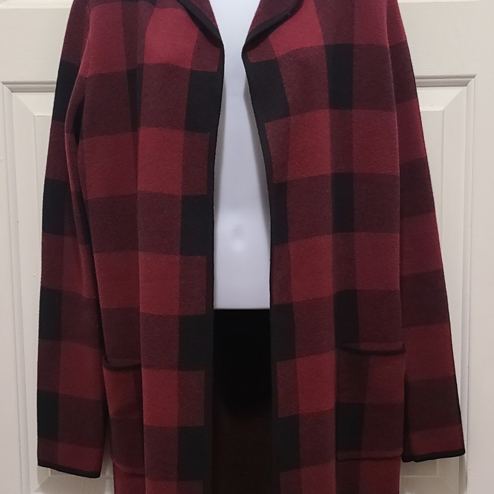 Adrienne Vittadini Open Front Shawl Collar Buffalo Check Hood Cardigan Coat - Picture 2 of 5